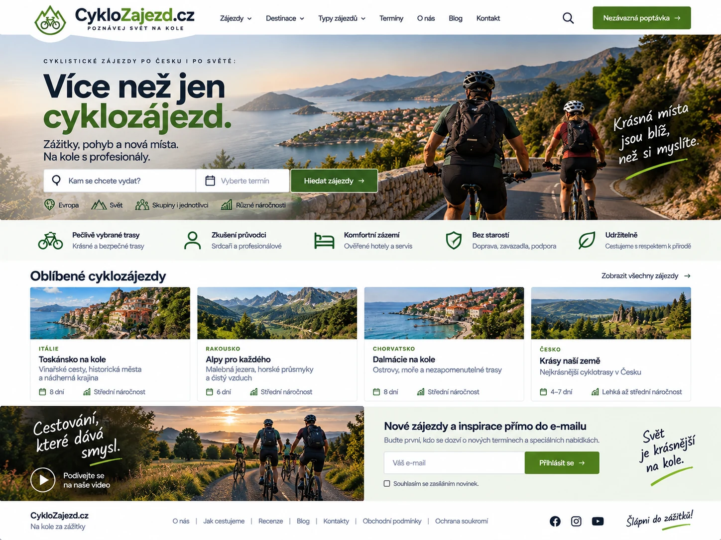 Ilustrační návrh webu CykloZajezd.cz s nabídkou cyklistických cest po Česku a Evropě